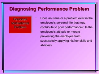 Diagnosing Performance ProblemDiagnosing Performance Problem
Personal/Personal/
MotivationalMotivational
ProblemProblem
Personal/Personal/
MotivationalMotivational
ProblemProblem
• Does an issue or a problem exist in the
employee's personal life that may
contribute to poor performance? Is the
employee's attitude or morale
preventing the employee from
successfully applying his/her skills and
abilities?
 