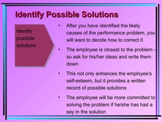 Identify
possible
solutions
• After you have identified the likely
causes of the performance problem, you
will want to decide how to correct it
• The employee is closest to the problem -
so ask for his/her ideas and write them
down
• This not only enhances the employee's
self-esteem, but it provides a written
record of possible solutions
• The employee will be more committed to
solving the problem if he/she has had a
say in the solution
Identify Possible SolutionsIdentify Possible Solutions
 