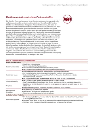 Customer Centricity – den Kunden im Visier 25
Handlungsempfehlungen – auf dem Weg zu Customer Centricity im digitalen Zeitalter
Plattformen und strategische Partnerschaften
Die digitalen Player machen es vor: in der Transformation von einem produkt- oder
einkaufs­zentrierten hin zu einem kundenorientierten Geschäfts­modell werden
Händler und Hersteller neue strategische Partner finden müssen, mit denen sie
gemeinsam ein kunden­zentriertes Einkaufserlebnis entwickeln, umsetzen und durch
kontinuierliche Innovation optimieren können. Hierzu ist Offenheit und Agilität
gefragt. Händler und Hersteller müssen bereit sein, die bestehenden Wertschöpfungs­
systeme zu überdenken und zum Beispiel eine Plattform für Startups und Innovation
zu schaffen. Das setzt eine flexible Kultur sowie agile Strukturen und Systeme voraus.
Dieser Weg ist nicht leicht und es wird viele Fragen und Widerstände geben. Händler
und Hersteller, die sich entschieden haben, diesen Weg zu beschreiten, bauen in der
Regel neue, vom Kerngeschäft getrennte digitale oder innovative Teams auf, um
sicherzustellen, dass das innovative Mindset nicht von einer auf den Regelbetrieb
ausgerichteten Funktionskultur im Keim erstickt wird. So hat vor mehr als einem
Jahrzehnt auch der Aufbau der Onlineshops begonnen, die innerhalb der letzten Jahre
mit großen Anstrengungen und Investitionen in ein Omni-Channel-System integriert
worden sind. Bei der aktuellen Transformation sollten Händler und Hersteller
möglichst von vornherein den Innovations- und Entwicklungsgedanken in ihre
Gesamt­organisation tragen und vermitteln, dass ohne eine gemeinsame Anstrengung
eine stärkere Kunden­zentrierung nicht möglich sein wird.
Abb. 11	Customer Centricity – Kriterienkatalog
Mobile User Excellence
Mobile Funktionalität
•	 Es gibt eine mobile Website.
•	 Es wir eine zusätzliche App angeboten.
•	 Der Onlineshop wird auf dem Smartphone schnell geladen.
•	 Der Onlineshop funktioniert auf dem Smartphone technisch fehlerfrei.
Mobile Easy to use
•	 Produkte können über die mobile Website/die App schnell gefunden werden.
•	 Die mobile Navigation des Onlineshops ist verständlich und leicht nachzuvollziehen.
•	 Es besteht die Möglichkeit, ein persönliches Profil mit Merkzettel, Bestellhistorie und/oder
Standardwarenkorb anzulegen.
•	 Ein zügiger Bestellvorgang ist gewährleistet (Anzahl der Klicks bis zum Kaufabschluss).
Produktdarstellung
•	 Der Onlineshop bietet ausreichende Informationen zu einem Produkt.
•	 Das Produkt wird über Fotos, Videos oder Beweg- und Zoomfunktionen anschaulich dargestellt.
Angebote
•	 Zusätzlich zu dem/den bestellten Produkt/en werden passende Angebote gemacht, bspw. vor dem
Check-out.
•	 Es besteht die Möglichkeit, bestimmte Produkte automatisiert nachzubestellen.
Warenkorb und
Check Out
•	 Der Warenkorb ist übersichtlich gestaltet.
•	 Es ist einfach den Inhalt des Warenkorbs zu ändern.
•	 Es werden mehrere Zahlungsmethoden angeboten.
Verfügbarkeit der Produkte
Produktverfügbarkeit
•	 Die Darstellung der Stores „in meiner Nähe“ ist übersichtlich und mit einer Karte/einem Routenplaner
(z. B. Google Maps) verbunden.
•	 Man kann online sehen, ob und wo die gesuchten Produkte verfügbar sind (im Geschäft oder online).
•	 Man kann online Produkte im Geschäft reservieren und am gleichen Tag abholen.
 