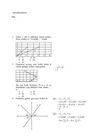 3563729631300103 
0585 
4. Vektor a dan b dilukiskan seperti gambar. 
Besar resultan (a + b) adalah …. Satuan 
5 
4 
3 
2 a b 
1 
0 1 2 3 4 5 6 
a. 8 d. 36 
b. 10 e. 64 
c. 28 
5. Pergerakan seorang anak ketika berlari di 
sebuah lapangan terlihat pada gambar. 
D 
C 
A B 
Jika satu kotak berukuran 10 m x 10 m, 
perpindahan yang dilakukan anak adalah …. 
m 
a. 5 d. 50 
b. 30 e. 70 
c. 40 
= 3 2 3  4 
= 5 
6. Perhatikan gambar gaya-gaya berikut ini 
2 F 1 F 
o 60 o 60 
o 60 
ΣFx = x x x F F F1 2 3   
= o o o F Cos60 F Cos60 F Cos60 1 2 3   
= 30 x 0,5 + 20 x 0,5 + 10 x 0,5 
= 15 – 10 – 5 
= 0 
ΣFy = y y y F F F1 2 3   
= F Sin60 o  F Sin60 o  
F Sin60 o 1 2 3 = 30 x 1 3 
+ 20 x 3 
2 
1 - 
2 
 