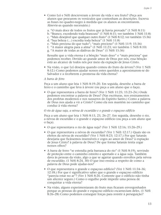 • Como Leí e Néfi descreveram a árvore da vida e seu fruto? (Peça aos
alunos que procurem os versículos que contenham as descrições. Escreva
as frases no quadro-negro à medida que os alunos as encontrarem.
Abrevie-as quando necessário.)
a. “O mais doce de todos os frutos que já havia provado” (1 Néfi 8:11)
b. “Branco, excedendo toda brancura” (1 Néfi 8:11; ver também 1 Néfi 11:8)
c. “Mais desejável que qualquer outro fruto” (1 Néfi 8:12; ver também 15:36)
d. “Sua beleza (…) excedia toda beleza” (1 Néfi 11:8)
e. “Mais preciosa do que tudo”; “mais precioso” (1 Néfi 11:9; 15:36)
f. “A maior alegria para a alma” (1 Néfi 11:23; ver também 1 Néfi 8:10)
g. “A maior de todas as dádivas de Deus” (1 Néfi 15:36)
Ressalte que a vida eterna é a bênção “mais doce” e “mais preciosa” que
podemos receber. Devido ao grande amor de Deus por nós, essa bênção
está ao alcance de todos nós por meio da expiação de Jesus Cristo.
• Na visão, o que Leí desejou quando comeu do fruto da árvore? (Ver 1 Néfi
8:12.) Como podemos ajudar nossos entes queridos a aproximarem-se do
Salvador e a receberem a promessa da vida eterna?
A barra de ferro
Peça a um aluno que leia 1 Néfi 8:19–20. Em seguida, desenhe a barra de
ferro e o caminho que leva à árvore (ou peça a um aluno que o faça).
• O que representava a barra de ferro? (Ver 1 Néfi 11:25; 15:23–24.) Onde
podemos encontrar a palavra de Deus? (Nas escrituras, nos ensinamentos
dos profetas modernos e nos sussurros do Espírito Santo.) Como a palavra
de Deus nos ajuda a vir a Cristo? Como ela nos mantém no caminho que
conduz à vida eterna?
O rio de água suja, a névoa de escuridão e o grande e espaçoso edifício
Peça a um aluno que leia 1 Néfi 8:13, 23, 26–27. Em seguida, desenhe o rio,
a névoa de escuridão e o grande e espaçoso edifício (ou peça a um aluno que
o faça).
• O que representava o rio de água suja? (Ver 1 Néfi 12:16; 15:26–29.)
• O que representava a névoa de escuridão? (Ver 1 Néfi 12:17.) Quais são os
efeitos da névoa de escuridão? (Ver 1 Néfi 8:23; 12:17.) Por que Satanás
desejaria que ficássemos insensíveis e cegos ao amor de Deus? à expiação
de Jesus Cristo? à palavra de Deus? De que forma Satanás tenta cegar
nossos olhos?
• A barra de ferro “se estendia pela barranca do rio” (1 Néfi 8:19), servindo
de proteção entre o caminho estreito e apertado e a água suja. Também
dava às pessoas da visão, algo a que se agarrar quando envoltos pela névoa
de escuridão. (1 Néfi 8:24, 30) O que isso ensina a respeito de como a
palavra de Deus pode ajudar-nos?
• O que representava o grande e espaçoso edifício? (Ver 1 Néfi 11:34–36;
12:18.) Por que é significativo saber que o grande e espaçoso edifício
“parecia estar no ar”? (Ver 1 Néfi 8:26. Comente que o edifício não tinha
um alicerce seguro.) Como o orgulho pode impedir uma pessoa de
conquistar a vida eterna?
• Na visão, alguns experimentaram do fruto mas ficaram envergonhados
porque as pessoas do grande e espaçoso edifício escarneciam deles. (1 Néfi
8:26–28) Como podemos conseguir forças para resistir à perseguição?
Lição 3
13
 