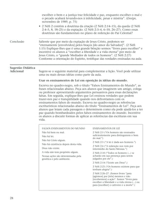 escolher o bem e a justiça traz felicidade e paz, enquanto escolher o mal e
o pecado acabará levando-nos à infelicidade, pesar e miséria”. (Ensign,
novembro de 1989, p. 75)
• 2 Néfi 2 contém a doutrina da criação (2 Néfi 2:14–15), da queda (2 Néfi
2:4–5, 8, 18–25) e da expiação. (2 Néfi 2:3–4, 6–10, 26–27). Como essas
doutrinas são fundamentais no plano de redenção do Pai Celestial?
Conclusão Saliente que por meio da expiação de Jesus Cristo, podemos ser
“eternamente [envolvidos] pelos braços [do amor do Salvador]”. (2 Néfi
1:15) Explique-lhes que é uma grande bênção sermos “livres para escolher” e
incentive os alunos a “escolher a liberdade e a vida eterna” por meio de
Jesus Cristo, o “grande Mediador de todos os homens”. (2 Néfi 2:27)
Conforme a orientação do Espírito, testifique das verdades ensinadas na aula.
Sugestão Didática
Adicional Sugere-se o seguinte material para complementar a lição. Você pode utilizar
uma ou mais dessas idéias como parte da aula.
Usar os ensinamentos de Leí em oposição às idéias do mundo.
Escreva no quadro-negro, sob o título “Falsos Ensinamentos do Mundo”, as
frases relacionadas abaixo. Peça aos alunos que imaginem um amigo, colega
ou professor apresentando argumentos persuasivos para essas declarações
falsas. Em seguida, explique-lhes que Leí ensinou verdades que podem
trazer-nos paz e tranqüilidade quando nos defrontamos com os
ensinamentos falsos do mundo. Escreva no quadro-negro as referências
escriturísticas relacionadas abaixo do título “Ensinamentos de Leí”. Peça aos
alunos que leiam cada passagem e determinem como ela pode ajudá-los a ter
paz quando bombardeados pelos falsos ensinamentos do mundo. Incentive
os alunos a discutir formas de aplicar as referências das escrituras em sua
vida.
28
FALSOS ENSINAMENTOS DO MUNDO
Não há bem ou mal.
Não há lei.
Não há Cristo algum.
Não há existência depois desta vida.
Deus não existe.
A vida não tem propósito algum.
Nossas ações são determinadas pela
genética e pelo ambiente.
ENSINAMENTOS DE LEÍ
2 Néfi 2:5 (“Os homens são ensinados
suficientemente para distinguirem o bem
do mal.”)
2 Néfi 2:5 (“A lei é dada aos homens.”)
2 Néfi 2:6 (“A redenção nos vem por
intermédio do Santo Messias.”)
2 Néfi 2:10 (“Todos os homens (...) se
acharão em sua presença para serem
julgados por ele”.)
2 Néfi 2:14 (“Existe um Deus”.)
2 Néfi 2:25 (“Os homens existem para que
tenham alegria”.)
2 Néfi 2:26–27. (Somos livres “para
[agirmos] por [nós] mesmos e não
[recebermos] a ação”. Somos “livres para
escolher a liberdade e a vida eterna (...) ou
para [escolher] o cativeiro e a morte”.)
 