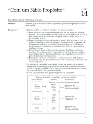 “Com um Sábio Propósito”
Enos, Jarom, Ômni, Palavras de Mórmon
Objetivo Salientar que as escrituras foram preparadas e preservadas para guiar-nos e
orientar-nos.
Preparação 1. Leia e pondere as escrituras a seguir e ore a respeito delas:
a. Enos. Influenciado pelos ensinamentos de seu pai, Enos ora pedindo
perdão. Depois de receber o perdão, Enos ora por seu povo, os nefitas, e
por seus inimigos, os lamanitas. Ele pede ao Senhor que preserve os
registros dos nefitas.
b. Jarom. Jarom registra que os lamanitas sempre vêm guerrear contra os
nefitas. Os nefitas resistem aos ataques dos lamanitas e prosperam na
terra porque profetas e pregadores ensinam-lhes a arrependerem-se
continuamente, guardarem os mandamentos de Deus e esperarem a
vinda do Messias.
c. Ômni. Ômni, Amaron, Quêmis, Abinadom e Amaléqui mantêm os
registros. Os nefitas passam por períodos de paz e de guerra e a “parte
mais iníqua” deles é destruída. Mosias e seus seguidores encontram o
povo de Zaraenla (os mulequitas).
d. Palavras de Mórmon. Mórmon põe as placas menores de Néfi junto
com seu resumo das placas maiores de Néfi, sabendo que o faz com um
“sábio propósito”.
2. Se for utilizar a atividade motivadora, peça a um aluno que se prepare
para contar um episódio ou sentimento que teriam esquecido caso não o
tivesse registrado no diário. Ou prepare-se para relatar um acontecimento
ou impressão desses de seu próprio diário.
3. Copie o quadro abaixo no quadro-negro ou em um cartaz:
61
116 páginas perdidas
Resumidas por
Mórmon e incluídas
no Livro de Mórmon
Inseridas por
Mórmon no Livro
de Mórmon
Resumidas por
Morôni e incluídas
no Livro de Mórmon
Livros de Leí
Mosias
Alma
Helamã
3 Néfi
4 Néfi
1 Néfi
2 Néfi
Jacó
Enos
Jarom
Ômni
Livro
de Éter
Placas
de Éter
FONTE ORIGINAL CONTEÚDO FORMA ATUAL
Placas
Menores
de Néfi
Placas
Maiores
de Néfi
Registros Resumidos e Compilados por Mórmon e Morôni
Lição
14
 