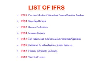 LIST OF IFRS
 IFRS 1 First-time Adoption of International Financial Reporting Standards
 IFRS 2 Share-based Payment
 IFRS 3 Business Combinations
 IFRS 4 Insurance Contracts
 IFRS 5 Non-current Assets Held for Sale and Discontinued Operations
 IFRS 6 Exploration for and evaluation of Mineral Resources
 IFRS 7 Financial Instruments: Disclosures
 IFRS 8 Operating Segments
 