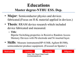 Integrity DiligenceCuriosityMotivation
Educations
Master degree-NTHU ESS. Dep.
• Major: Semiconductor physics and devices
fabricated.(Focus on H-K material applied in devices.)
• Thesis: RRAM device research which included
device fabricated and measured.
– Title:
Bipolar Switching properties in Resistive Random Access
Memory Devices with Pd electrode and Ni inserted layer.
• Skills: Measure instruments(HP 4156B, Agilent B1500),
semiconductor produce equipment. (Focused on Sputter ).
Name: Yeh, Chuan Ching E-mail:
oweeisme@gmail.com
 
