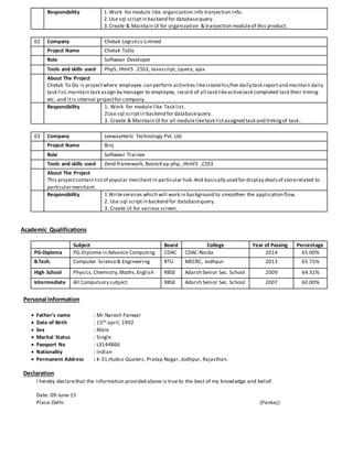 Responsibility 1.Work for module like organization info tranjection info.
2.Use sql scriptin backend for databasequery.
3.Create & Maintain UI for organization & tranjection moduleof this product.
02 Company Chetak Logistics Limited
Project Name Chetak ToDo
Role Softwear Developer
Tools and skills used Php5, Html5 ,CSS3, Javascript, jquery, ajax
About The Project
Chetak To Do is projectwhere employee can perform activities likecreatehis/her daily task reportand maintain daily
task list,maintain task assign by manager to employee, record of all task likeactivetask completed task their timing
etc. and itis internal projectfor company.
Responsibility 1. Work for module like Task list.
2Use sql scriptin backend for databasequery.
3. Create & Maintain UI for all moduleliketask listassigned task and timingof task.
03 Company LeewayHertz Technology Pvt. Ltd.
Project Name Binj
Role Softwear Trainee
Tools and skills used Zend framework, Bootstrap php, ,Html5 ,CSS3
About The Project
This projectcontain listof popular merchant in particular hub.And basically used for display dealsof storerelated to
particularmerchant.
Responsibility 1 Writeservices which will work in background to smoothen the application flow.
2. Use sql scriptin backend for databasequery.
3. Create UI for various screen.
Academic Qualifications
Subject Board College Year of Passing Percentage
PG-Diploma PG-Diploma in Advance Computing CDAC CDAC-Noida 2014 65.00%
B.Tech. Computer Science& Engineering RTU MECRC, Jodhpur 2013 65.75%
High School Physics,Chemistry,Maths,English RBSE Adarsh Senior Sec. School 2009 64.31%
Intermediate All Compulsory subject RBSE Adarsh Senior Sec. School 2007 60.00%
Personal Information
 Father’s name : Mr Naresh Panwar
 Date of Birth : 15th april, 1992
 Sex : Male
 Marital Status : Single
 Passport No : L3144866
 Nationality : Indian
 Permanent Address : K-31,Hudco Quaters, Pratap Nagar, Jodhpur, Rajasthan.
Declaration
I hereby declarethat the information provided above is true to the best of my knowledge and belief.
Date: 09-June-15
Place:Delhi (Pankaj)
 