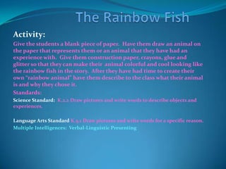Multiple Intelligence:  Visual-Spatial mapping stories (Mapping out the order of the animals the bear saw)Giraffes Can’t DanceBy: AmazonGerald the giraffe doesn't really have delusions of grandeur. He just wants to dance. But his knees are crooked and his legs are thin, and all the other animals mock him when he approaches the dance floor at the annual Jungle Dance. "Hey, look at clumsy Gerald," they sneer. "Oh, Gerald, you're so weird." Poor Gerald slinks away as the chimps cha-cha, rhinos rock 'n' roll, and warthogs waltz. But an encouraging word from an unlikely source shows this glum giraffe that those who are different "just need a different song," and soon he is prancing and sashaying and boogying to moon music (with a cricket accompanist). In the vein of Rudolph the Red-Nosed Reindeer, Gerald's fickle "friends" quickly decide he's worthy of their attention again. With this rhyming, poignant (in a cartoonish way) tale, Giles Andreae, author of Rumble in the Jungle, and numerous other picture books, shows insecure young readers that everyone can be wonderful, even those that march to the beat of a different cricket. The rhymes are somewhat awkward, but the bold, bright watercolors by Guy Parker-Rees will invite readers to kick up their heels and find their own internal harmony.