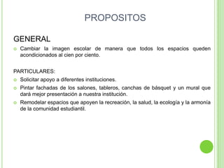 PROPOSITOS

GENERAL
   Cambiar la imagen escolar de manera que todos los espacios queden
    acondicionados al cien por ciento.


PARTICULARES:
   Solicitar apoyo a diferentes instituciones.
   Pintar fachadas de los salones, tableros, canchas de básquet y un mural que
    dará mejor presentación a nuestra institución.
   Remodelar espacios que apoyen la recreación, la salud, la ecología y la armonía
    de la comunidad estudiantil.
 