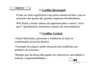 CONFLITO
 CONFLITO
                       O Conflito Horizontal:
 •Cada vez mais significativo nos países desenvolvidos, com os
 aumentos das quotas das grandes empresas distribuidoras;
 •Põe frente a frente cadeias de supermercados e outros “inter-
 tipos” (perfumarias, farmácias e pontos de conveniência);

                        O Conflito Vertical:
• Entre fabricantes, grossistas e retalhistas (e entre as
combinações possíveis destes);
• Exemplo de origem: poder crescente dos retalhistas nos
produtos de consumo;
•Sempre que há desacordo quanto aos objectivos, actividades a
realizar e responsabilidades,...
 