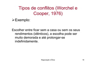Tipos de conflitos (Worchel e
           Cooper, 1976)
  Exemplo:

Escolher entre ficar sem a casa ou sem os seus
  rendimentos (idênticos), a escolha pode ser
  muito demorada e até prolongar-se
  indefinidamente.




                   Negociação e Ética            18
 