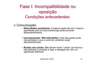 Fase I: Incompatibilidade ou
           oposição
      Condições antecedentes:

Comunicação:
   • Dificuldades semânticas: A palavra pode não ter o mesmo
     significado para as duas partes,logo pode provocar
     desentendimentos.

   • Incompreensão / Mal entendidos: Uma das partes pode
     não perceber o que a outra diz, podendo surgir
     desentendimento.

   • Ruídos nos canais: Não devem haver “ruídos” por forma a
     não distorcer a emissão e logo a recepção ser com um
     significado diferente.


                    Negociação e Ética                    44
 