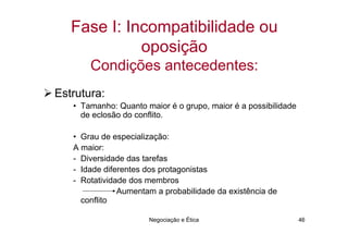 Fase I: Incompatibilidade ou
             oposição
       Condições antecedentes:
Estrutura:
   • Tamanho: Quanto maior é o grupo, maior é a possibilidade
     de eclosão do conflito.

   • Grau de especialização:
   A maior:
   - Diversidade das tarefas
   - Idade diferentes dos protagonistas
   - Rotatividade dos membros
               Aumentam a probabilidade da existência de
     conflito

                      Negociação e Ética                        46
 