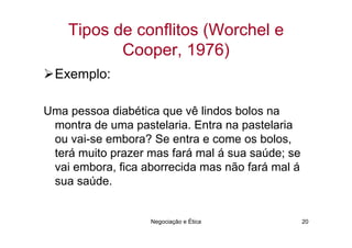 Tipos de conflitos (Worchel e
           Cooper, 1976)
  Exemplo:

Uma pessoa diabética que vê lindos bolos na
 montra de uma pastelaria. Entra na pastelaria
 ou vai-se embora? Se entra e come os bolos,
 terá muito prazer mas fará mal á sua saúde; se
 vai embora, fica aborrecida mas não fará mal á
 sua saúde.


                   Negociação e Ética             20
 