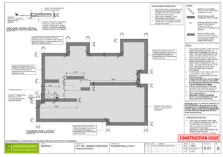 FOUNDATION LAYOUT
SCALE 1:75
TILED SHOWER RECESS NOTES:
FALL SLAB LOCALLY (50mm MAX.) OR
CREATE 50mm RECESS FOR TILED
SHOWER. (REFER TO ARCHITECTS
DRAWINGS FOR DETAILS)
85mm SLAB THICKNESS TO BE
MAINTAINED THROUGHOUT.
ALLOW FOR 2-HD12 BARS TO EACH
CORNER OF THE SHOWER RECESS
WHERE APPLICABLE.
NOTES:
450mm WIDE EXTERNAL STRIP FOOTING
CAN BE THICKENED TO A MAX. OF
600mm WIDE TO MINIMIZE CUTTING OF
PODS. THE SAME REINFORCING TO BE
USED WITH MASS CONCRETE ON THE
OPPOSITE SIDE OF WALL LOCATION.
450mm WIDE INTERNAL STRIP FOOTING
CAN BE THICKENED TO A MAX. OF
600mm WIDE TO MINIMIZE CUTTING OF
PODS. THE SAME REINFORCING TO BE
USED. (REINFORCING CAGE TO BE
LOCATED UNDER WALLS WHERE
APPLICABLE)
FLOOR SLABS TO BE 100mm THICK WITH
1 LAYER MESH. LAP ALL MESH A
MINIMUM OF 2-CROSS WIRES, BUT NOT
LESS THAN 225mm.
FOUNDATION AND SLAB TO BE FORMED
IN SINGLE POUR USING ALLIED 202RRR
MIX OR SIMILAR APPROVED TO PROVIDE
A 28 DAY STRENGTH OF 20MPa.
FOR ALL REBATES AND OTHER SLAB
RECESSES AND DRAINAGE LOCATION
REFER TO ARCHITECTS DRAWINGS.
NOTIFY THE STRUCTURAL ENGINEER OF
ANY DISCREPANCIES.
450mm MIN. FOUNDATION BEAMS
SETOUT AS PER DRAWINGS, POD AND
120mm RIB SETOUT INDICATIVE.
LEGEND:
DENOTES 2-HD12 BARS,
1200mm LONG TO INTERNAL
CORNERS OF SLAB.
DENOTES 450mm WIDE
PERIMETER STRIP FOOTING.
DENOTES 450mm WIDE
INTERNAL STRIP FOOTING.
(TO BE LOCATED UNDER ALL
LOAD BEARING WALLS
WHERE APPLICABLE)
DENOTES ARCHITECTURAL
REBATE FOR DOOR OR
WINDOW, REFER TO
ARCHITECTS DRAWINGS FOR
DETAILS.
A.R.
5760
2500
2500
1312 6610
435
1140
710
390
480
450
450
DIMENSIONS ARE INDICATIVE ONLY.
CONTRACTOR TO CONFIRM THE LENGTH
AND POSITION OF LOAD BEARING WALLS
BEFORE CONSTRUCTION.
300
450
450
450
450
450
450
450
450
450
450
450
450
450
450
450
450
450
450
450
450
450
EDGE OF FOUNDATION
BROUGHT OUT TO
ALLOW UPSTAND FOR
SHOWER REBATE.
SHOWER RECESS.
DENOTES OUTSIDE FACE OF
TIMBER FRAMING OVER. EDGE
OF FOUNDATION BEAM AS
DIMENSIONED SET BACK 60mm
FROM THIS LINE.
DENOTES OUTSIDE FACE OF
TIMBER FRAMING OVER. EDGE
OF FOUNDATION BEAM AS
DIMENSIONED SET BACK 60mm
FROM THIS LINE.
DENOTES OUTSIDE FACE OF
TIMBER FRAMING OVER. EDGE
OF FOUNDATION BEAM AS
DIMENSIONED SET BACK 60mm
FROM THIS LINE.
GARAGE DOOR REBATE
REFER TO ARCHITECTS
DRAWINGS.
A
S.03
DRAINAGE NOTE: ALL PIPES OR CONDUCT TO
BE LOCATED 25mm (MIN.) BELOW THE DPM.
CONTRACTOR TO CONFIRM PIPE LOCATIONS
ON SITE. INSTALLATION TO BE DONE BEFORE
PLACING DPM AND COMMENCING WAFFLE
SLAB CONSTRUCTION.
CURING AND PROTECTION:
TAKE CARE TO PROTECT AND CURE
ALL CONCRETE ADEQUATELY, AND IN
ACCORDANCE WITH NZS 3109.
APPLY A CURING COMPOUND TO ALL
CONCRETE FLOOR SLABS
IMMEDIATELY ON COMPLETION OF THE
SURFACE FINISHING, OR
ALTERNATIVELY, CURE BY PONDING.
N.G.L.
COMPACTED AP40 AS REQUIRED
WITH 25mm SAND BLINDING.
COMPACT AP40 IN MAX. 300MM
LAYERS TO ACHIEVE A MINIMUM
AVERAGE DENSITY OF 2150kg/m3.
100mm THICK SLAB REFER
NOTES FOR DETAILS.
MINIMUM
DEPTH TO DESIGN
BEARING T.B.C.
ON SITE
GROUND WORK DETAIL.
SCALE 1:50
100
100
50
250
MAXRAFT LOT 742, LAMBIES CRESCENT,
CHRISTCHURCH.
7631
D.S.
J.J.
FOUNDATION LAYOUT.
1:75
S.01 0
THIS DRAWING IS TO BE READ IN CONJUNCTION WITH ARCHITECT'S DRAWINGS
CLIENT PROJECT TITLE
SCALE @ A3
DRAWING No. REV.
JOB No.
DRAWING TITLE DESIGN.
DRAWN.
REV. DATE: COMMENT:
BY.
0 07-10-2016 ISSUED FOR CONSTRUCTION
CONSTRUCTION ISSUE
J.J.
A-2
A-3
A-1
A-11
A-18
A-10
A-9
A-17
A-15
A-16
A-14
A-5
42
A-13
A-12
A-8
A-6
A-7
A-4
39
39
38
TYP.
38
TYP.
37
40
TYP.
41
37
TYP.
38
TYP.
LEGEND:
- PREFAB ID
- LOOSE BAR
TAG No.
A-1
40
PRE-FABBED CAGE PLACING REFERENCE
SEE D/S Nos. 1 to 7
JOB No. 35714
LAP:
D12 = 600mm
A-13
A-17
40
 