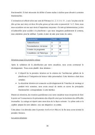 16
fonctionnalité. Il était nécessaire de définir d’autres taches à réaliser pour aboutir à certaines
fonctionnalités.
L’estimation est affecté selon une suite de Fibonacci (1, 2, 3, 5, 8, 13…) car c’est plus aisé de
dire qu’une user story est deux fois plus grosse qu’une autre en passant de 1 à 2. Ainsi, nous
nous accordons sur une user storie d’importance moyenne « En tant qu’administrateur, je dois
m’authentifier pour accéder à la plateforme » que nous imaginons parfaitement le contenu,
nous entendons pour lui attribuer 2 points et ainsi de suite pour toutes les autres.
Fonctionnalité Priorité Estimation
Authentification 1 2
Personnalisation du lecteur 2 8
Création du programme 3 13
Consultation de l’historique 4 5
Tableau 1 : Estimation des tâches
Itérations jusqu’à la première release
Après la validation de la planification par notre encadreur, nous avons commencé le
développement. Nous avons planifié deux itérations :
 L’objectif de la première itération est la création de l’architecture globale de la
plateforme et l’intégration du lecteur vidéo personnalisé. Cette itération a duré deux
semaines.
 La deuxième itération est consacrée au développement de l’interface de montage et
pendant trois semaines, nous avons essayé de mettre en œuvre les principales
fonctionnalités correspondantes à cette interface.
Durant ces itérations, des réunions quotidiennes avec notre encadreur nous ont permis de faire
le point sur l’avancement et la présentation des objectifs ainsi que la résolution des difficultés
éventuelles. Le codage est réparti entre nous deux de la façon suivante : Le pilote code et le
copilote prépare les tests unitaires avec une intégration en continu.
Cette phase s’est déroulée entre le premier Avril et le 6 Mai et à la fin nous avons terminé la
première livraison.
Les autres itérations
 