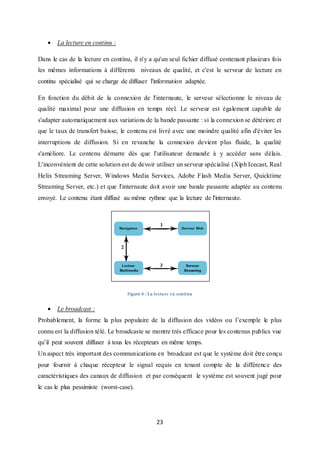 23
 La lecture en continu :
Dans le cas de la lecture en continu, il n'y a qu'un seul fichier diffusé contenant plusieurs fois
les mêmes informations à différents niveaux de qualité, et c'est le serveur de lecture en
continu spécialisé qui se charge de diffuser l'information adaptée.
En fonction du débit de la connexion de l'internaute, le serveur sélectionne le niveau de
qualité maximal pour une diffusion en temps réel. Le serveur est également capable de
s'adapter automatiquement aux variations de la bande passante : si la connexion se détériore et
que le taux de transfert baisse, le contenu est livré avec une moindre qualité afin d'éviter les
interruptions de diffusion. Si en revanche la connexion devient plus fluide, la qualité
s'améliore. Le contenu démarre dès que l'utilisateur demande à y accéder sans délais.
L'inconvénient de cette solution est de devoir utiliser un serveur spécialisé (Xiph Icecast, Real
Helix Streaming Server, Windows Media Services, Adobe Flash Media Server, Quicktime
Streaming Server, etc.) et que l'internaute doit avoir une bande passante adaptée au contenu
envoyé. Le contenu étant diffusé au même rythme que la lecture de l'internaute.
Figure 4 : La lecture en continu
 Le broadcast :
Probablement, la forme la plus populaire de la diffusion des vidéos ou l’exemple le plus
connu est la diffusion télé. Le broadcaste se montre très efficace pour les contenus publics vue
qu’il peut souvent diffuser à tous les récepteurs en même temps.
Un aspect très important des communications en broadcast est que le système doit être conçu
pour fournir à chaque récepteur le signal requis en tenant compte de la différence des
caractéristiques des canaux de diffusion et par conséquent le système est souvent jugé pour
le cas le plus pessimiste (worst-case).
 