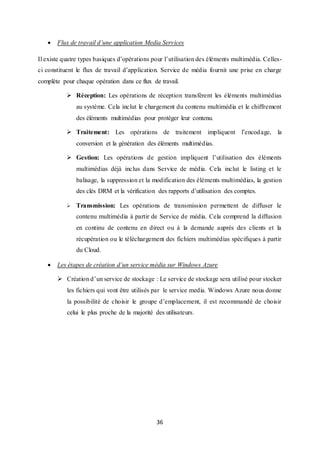 36
 Flux de travail d’une application Media Services
Il existe quatre types basiques d’opérations pour l’utilisation des éléments multimédia. Celles-
ci constituent le flux de travail d’application. Service de média fournit une prise en charge
complète pour chaque opération dans ce flux de travail.
 Réception: Les opérations de réception transfèrent les éléments multimédias
au système. Cela inclut le chargement du contenu multimédia et le chiffrement
des éléments multimédias pour protéger leur contenu.
 Traitement: Les opérations de traitement impliquent l’encodage, la
conversion et la génération des éléments multimédias.
 Gestion: Les opérations de gestion impliquent l’utilisation des éléments
multimédias déjà inclus dans Service de média. Cela inclut le listing et le
balisage, la suppression et la modification des éléments multimédias, la gestion
des clés DRM et la vérification des rapports d’utilisation des comptes.
 Transmission: Les opérations de transmission permettent de diffuser le
contenu multimédia à partir de Service de média. Cela comprend la diffusion
en continu de contenu en direct ou à la demande auprès des clients et la
récupération ou le téléchargement des fichiers multimédias spécifiques à partir
du Cloud.
 Les étapes de création d’un service média sur Windows Azure
 Création d’un service de stockage : Le service de stockage sera utilisé pour stocker
les fichiers qui vont être utilisés par le service media. Windows Azure nous donne
la possibilité de choisir le groupe d’emplacement, il est recommandé de choisir
celui le plus proche de la majorité des utilisateurs.
 