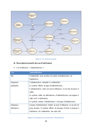44
Figure 17 : Cas d'utilisation global
B. Descriptiontextuelle des cas d’utilisation
 Cas d’utilisation « Authentification »
Titre Authentification
But S’authentifier pour accéder à la partie d’administration de
l’application
Séquences
principales
L’administrateur demande à s’authentifier,
Le système affiche la page d’authentification,
L’administrateur saisit son nom d’utilisateur et son mot de passe et
valide,
Le système valide les informations d’authentification par rapport à
celles qu’il a mémorisées,
Le système ramène l’administrateur à la page d’administration.
Séquences
alternatives
Lorsque l’administrateur fournit un nom d’utilisateur ou un mot de
passe inconnu, le système affiche un message d’erreur et propose à
l’utilisateur de s’authentifier une autre fois.
Tableau 6 : Description de cas d'utilisation "Athentification"
 