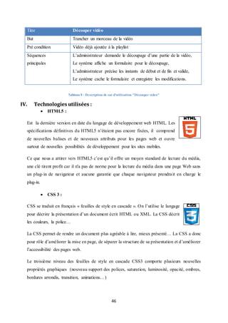 46
Titre Découper vidéo
But Trancher un morceau de la vidéo
Pré condition Vidéo déjà ajoutée à la playlist
Séquences
principales
L’administrateur demande le découpage d’une partie de la vidéo,
Le système affiche un formulaire pour le découpage,
L’administrateur précise les instants de début et de fin et valide,
Le système cache le formulaire et enregistre les modifications.
Tableau 9 : Description de cas d'utilisation "Découper video"
IV. Technologies utilisées :
 HTML5 :
Est la dernière version en date du langage de développement web HTML. Les
spécifications définitives du HTML5 n’étaient pas encore fixées, il comprend
de nouvelles balises et de nouveaux attributs pour les pages web et ouvre
surtout de nouvelles possibilités de développement pour les sites mobiles.
Ce que nous a attirer vers HTML5 c’est qu’il offre un moyen standard de lecture du média,
une clé tirent profit car il n'a pas de norme pour la lecture du média dans une page Web sans
un plug-in de navigateur et aucune garantie que chaque navigateur prendrait en charge le
plug-in.
 CSS 3 :
CSS se traduit en français « feuilles de style en cascade ». On l’utilise le langage
pour décrire la présentation d’un document écrit HTML ou XML. La CSS décrit
les couleurs, la police…
La CSS permet de rendre un document plus agréable à lire, mieux présenté… La CSS a donc
pour rôle d’améliorer la mise en page, de séparer la structure de sa présentation et d’améliorer
l’accessibilité des pages web.
Le troisième niveau des feuilles de style en cascade CSS3 comporte plusieurs nouvelles
propriétés graphiques (nouveau support des polices, saturation, luminosité, opacité, ombres,
bordures arrondis, transition, animations…)
 