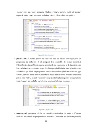 56
<poster> alors que <mp3> comporte 4 balises : <titre>, <duree>, <path> et <poster>
et pour la balise <img> on trouve les balises <titre>, <description> et <path> ;
Figure 24 : data_base.xml
 playlist.xml : ce fichier permet de créer une liste de médias spécifique pour un
programme de diffusion. Il est composé d’un ensemble de balises permettant
l’identification des différents médias constitutifs du programme et la description de
leur enchainement au cours du temps. On distingue ainsi la balise root <playlist> avec
<trackList> qui décrit un programme. <trackList> contient plusieurs balises de type
<track>, chacune de ses balises présente un média de type vidéo ou audio caractérisé
par un titre <title>, un path <location> qui présente le chemin pour y accéder et une
image<image> qui s’affiche sur le lecteur avant que la lecture commence ;
Figure 25 : playlist.xml
 montage.xml : permet de décrire un ensemble d’animations de textes et d’images
associées aux vidéos du programme de diffusion. L’ensemble des éléments peut être
 