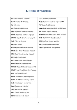 6
Liste des abréviations
LSE: Local Software Economy
IT: Information Technology
TV: Television
XP: eXtreme Programming
XML: eXtensible Markup Language
HTML: HyperText Markup Language
HTML5: HyperTextMarkupLanguage V5
VoD: Video on Demand
P2P: Peer to Peer
HTTP: HyperText Transfer Protocol
RTMP: Rea-lTime Messaging Protocol
RTSP: Real-Time Streaming Protocol
RTP: Real-Time Protocol
RTCP: Real-Time Control Protocol
MMS: Microsoft Media Service
MMSH: MicrosoftMediaSrvice overHTTP
RTMFP: Real-Time Media Flow Protocol
RDT: Real Data Transport
FMSS: Flash Media Streaming Server
FMES: Flash Media Encoding Server
IaaS: Infrastructure as a Service
PaaS: Platform as a Service
SaaS: Software as a Service
CPU: Central Processing Unit
EC2: Elastic Compute Cloud
FTP: File Transfer Protocol
CSS: Cascading Style Sheets
AJAX: Asynchronous Javascript and XML
PHP: HyperText Processor
OSM Player: Open Standards Media Player
SQL: Simple Query Language
WYSIWYG: What You See Is What You Get
W3C: World Wide Web Consortium
IHM: Interface Homme-Machine
SDK: Software Development Kit
DRM: Digital Rights Management
 