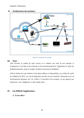 Chapitre5 : Réalisation
63
II. Architecture du système :
Figure 29 : Architecture du système
III. Test :
Afin d’assurer la qualité de notre travail, on a élaboré une suite de test unitaires et
d’intégration. Ceci dans le but d’assurer le bon fonctionnement de l’application et isoler les
dysfonctionnements pour les corriger tôt dans le processus de réalisation.
Afin de réaliser les tests unitaires d’une façon efficace et industrialisée, on a utilisé les outils
de validation de W3C. Les test d’intégration sont des test qui simulent l’interaction avec un
environnement physique réel. Ils veillent à l’exécution d’un scénario, ce qui garantit que
l’interaction avec l’application se fait comme prévu.
IV. Les IHM de l’application :
A. Front office:
 
