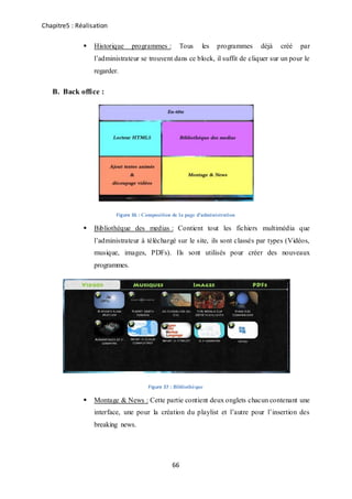 Chapitre5 : Réalisation
66
 Historique programmes : Tous les programmes déjà créé par
l’administrateur se trouvent dans ce block, il suffit de cliquer sur un pour le
regarder.
B. Back office :
Figure 36 : Composition de la page d'administration
 Bibliothèque des medias : Contient tout les fichiers multimédia que
l’administrateur à téléchargé sur le site, ils sont classés par types (Vidéos,
musique, images, PDFs). Ils sont utilisés pour créer des nouveaux
programmes.
Figure 37 : Bibliothèque
 Montage & News : Cette partie contient deux onglets chacun contenant une
interface, une pour la création du playlist et l’autre pour l’insertion des
breaking news.
 