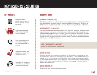 [10]
Key insightS & solution
Communication Objectives
The ultimate goal is to not only alter the current brand perception, but also position Pizza
Hut as the number one digital ordering experience among its competitors. By the end of
2015, we aim to reach the target of 75 percent of all orders completed online and mobile.
Who do we need to influence?
The campaign will target Millennials, ages 18 to 34, who crave adventure, immersive brand
experiences, and who want to be both entertained and surprised by the brands they love.
They are known for being active co-creators, who strive to interact with brands and make
it their own, especially when it comes to food. From college students to the young moms-
on-the-go, Pizza Hut wants to attract a younger audience in order to develop long-lasting
relationships as the Millennials mature.
Single most impactful message
Making the unconventional, conventional
Why it matters
Pizza Hut has long been a dominant innovator in the pizza industry. From being the first
to provide online ordering, to delivering pizza to Outer Space – Pizza Hut has a history of
making the the unconventional, conventional. It is time to change Millennials’ perception
of Pizza Hut from outdated and a thing of the past, to the innovative and forward-thinking
brand it truly is. The creativity and drive behind this new campaign will make Pizza Hut a
force to be reckoned with.
Brand Personality
Empowering, Bold, Limitless, Innovative, Daring
Millennials expect
mobile-ordering apps to
be user-friendly, reliable
and secure.
When Millennials think
of Pizza Hut, they think
of their childhood.
Vocal confirmation of an
order makes calling-in
the preferred method of
ordering.
Millennials fear that their
digital order may be lost
or forgotten about.
Millennials are concerned
about the security of their
credit card information.
Key Insights Creative brief
*Key insights were derived from primary research
 