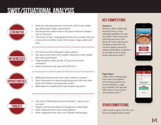 [07]
swot/Situational analysis
Domino’s
Domino’s offers mobile app
featuring Dom, a voice-
ordering capability. The app
also offers a fast, interactive
ordering experience that
allows for easy ordering and
tracking. Its iPad and web
versions display interactive
visuals which allows customers
to virtually see their pizza
before placing an order.11,12
Papa John’s
Unlike other ordering apps,
Papa John’s has updated
its ordering experience to
include PayShare, a split
pay capability. The app also
offers quick customization
and Papa Rewards.11,12
•	 Made the ordering experience interactive with its new mobile
app, allowing for unique customization
•	 Has the greatest market share in the pizza restaurant category
with 15.3 percent11
•	 “The Flavor of Now” campaign gives Pizza Hut a trendier look and
a menu with an endless variety of new pizza, wings, salads, and
more
Strengths
Weaknesses
Opportunities
Threats
Key Competitors
•	 Millennials attend events where food vendors are present3
•	 Pizza restaurants are experiencing web growth with more than
40 percent of their total sales made online15
•	 Millennials are considered the most frequent app users6
•	 One-third of Millennials only buy necessities – pizza is not a
necessity6
•	 Negative outward perception of having pizza-related apps
•	 Some competitors have more menu options12
•	 Some competitors have more user-friendly ordering apps
•	 Low level awareness among the target audience
•	 Low prices cause Pizza Hut to appear cheap and a lesser quality
than other pizza brands
•	 Target audience makes up only 27.1 percent of current
customers12
•	 Some locations are only open until 11:00 p.m.10
Little Caesars, zpizza, Pie Five, and
local and regional pizza chains.
Other Competitors
 