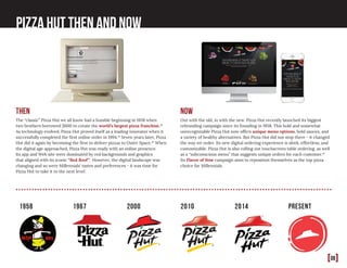 [08]
Pizza Hut then and now
1958 1967 2000 2010 2014 present
Then
The “classic” Pizza Hut we all know had a humble beginning in 1958 when
two brothers borrowed $600 to create the world’s largest pizza franchise.10
As technology evolved, Pizza Hut proved itself as a leading innovator when it
successfully completed the first online order in 1994.10
Seven years later, Pizza
Hut did it again by becoming the first to deliver pizzas to Outer Space.10
When
the digital age approached, Pizza Hut was ready with an online presence.
Its app and Web site were dominated by red backgrounds and graphics
that aligned with its iconic “Red Roof”. However, the digital landscape was
changing and so were Millennials’ tastes and preferences - it was time for
Pizza Hut to take it to the next level.
Now
Out with the old, in with the new. Pizza Hut recently launched its biggest
rebranding campaign since its founding in 1958. This bold and somewhat
unrecognizable Pizza Hut now offers unique menu options, bold sauces, and
a variety of healthy alternatives. But Pizza Hut did not stop there - it changed
the way we order. Its new digital ordering experience is sleek, effortless, and
customizable. Pizza Hut is also rolling out touchscreen table ordering, as well
as a “subconscious menu” that suggests unique orders for each customer.10
Its Flavor of Now campaign aims to reposition themselves as the top pizza
choice for Millennials.
 