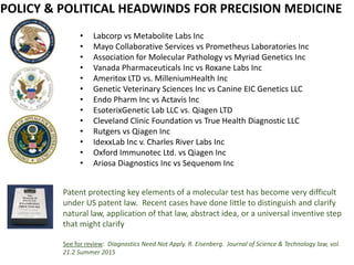 • Labcorp vs Metabolite Labs Inc
• Mayo Collaborative Services vs Prometheus Laboratories Inc
• Association for Molecular Pathology vs Myriad Genetics Inc
• Vanada Pharmaceuticals Inc vs Roxane Labs Inc
• Ameritox LTD vs. MilleniumHealth Inc
• Genetic Veterinary Sciences Inc vs Canine EIC Genetics LLC
• Endo Pharm Inc vs Actavis Inc
• EsoterixGenetic Lab LLC vs. Qiagen LTD
• Cleveland Clinic Foundation vs True Health Diagnostic LLC
• Rutgers vs Qiagen Inc
• IdexxLab Inc v. Charles River Labs Inc
• Oxford Immunotec Ltd. vs Qiagen Inc
• Ariosa Diagnostics Inc vs Sequenom Inc
Patent protecting key elements of a molecular test has become very difficult
under US patent law. Recent cases have done little to distinguish and clarify
natural law, application of that law, abstract idea, or a universal inventive step
that might clarify
See for review: Diagnostics Need Not Apply. R. Eisenberg. Journal of Science & Technology law, vol.
21.2 Summer 2015
POLICY & POLITICAL HEADWINDS FOR PRECISION MEDICINE
 