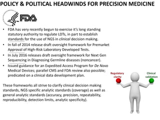 • FDA has very recently begun to exercise it’s long standing
statutory authority to regulate LDTs, in part to establish
standards for the use of NGS in clinical decision making.
• In fall of 2014 release draft oversight framework for Premarket
Approval of High-Risk Laboratory Developed Tests.
• In July 2016 releases draft oversight framework for Next Gen
Sequencing in Diagnosing Germline diseases (noncancer).
• Issued guidance for an Expedited Access Program for De Novo
Medical Devices; parallel CMS and FDA review also possible;
predicated on a clinical data development plan.
These frameworks all strive to clarify clinical decision making
standards, NGS specific analytic standards (coverage) as well as
general analytic standards (accuracy, precision, repeatability,
reproducibility, detection limits, analytic specificity).
POLICY & POLITICAL HEADWINDS FOR PRECISION MEDICINE
 