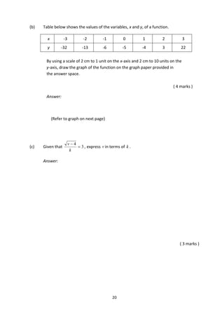20
(b) Table below shows the values of the variables, x and y, of a function.
x -3 -2 -1 0 1 2 3
y -32 -13 -6 -5 -4 3 22
By using a scale of 2 cm to 1 unit on the x-axis and 2 cm to 10 units on the
y-axis, draw the graph of the function on the graph paper provided in
the answer space.
( 4 marks )
Answer:
(Refer to graph on next page)
(c) Given that 3
4


k
v
, express v in terms of k .
Answer:
( 3 marks )
 