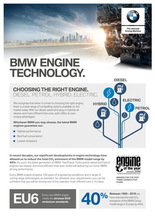 BMW ENGINE
TECHNOLOGY.
The Ultimate
Driving Machine
We recognise that when it comes to choosing the right engine,
there is a wide range of compelling options available on the
market today. With our diesel, petrol and plug-in hybrids all
cleaner and more efficient than ever, each offers its own
unique advantages.
Whichever BMW you may choose, the latest BMW
engines guarantee our:
Highest performance
Best fuel consumption
Lowest emissions
CHOOSINGTHE RIGHTENGINE.
DIESEL. PETROL. HYBRID. ELECTRIC.
Between 1995 – 2016 we
have reduced the total CO2
emissions ofthe BMW Group
model range in Europe by 40%.
Every new BMW engine
meets the strictest EU6
emissions standards.
40%
AWARDS FOR THE PAST
THREE CONSECUTIVE
YEARS.
EU6
DIESEL
PETROL
HYBRID
ELECTRIC
In recent decades, our significant developments in engine technology have
allowed us to reduce the total CO2 emissions of the BMW model range by
40%. As such, the latest generation of BMW TwinPower Turbo petrol, diesel and hybrid
engines are cleaner and more efficient than ever, whilst still delivering our iconic BMW
driving performance.
Every BMW engine employs 100 years of engineering excellence and a range of
cutting-edge technologies as standard. So, whatever your requirements, you can be
confident that you will be driving one of the cleanest, most efficient cars in its class.
 