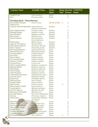 28
Sandhill Crane Grus canadensis Secure b
Sora Porzana carolina Secure b
Perching birds - Passeriformes
Gray-headed Chickadee Poecile cinctus May Be At Risk L b
(Siberian Tit)
American (formerly Water) Pipit Anthus rubescens Sensitive b
(formerly A.spinoletta)
Olive-sided Flycatcher Contopus cooperi Sensitive b
Blackpoll Warbler Dendroica striata Sensitive b
Rusty Blackbird Euphagus carolinus Sensitive b
Barn Swallow Hirundo rustica Sensitive b
Boreal Chickadee Poecile (formerly Sensitive b
Parus) hudsonicus
Bank Swallow Riparia riparia Sensitive b
American Tree Sparrow Spizella arborea Sensitive b
White-throated Sparrow Zonotrichia albicollis Sensitive b
Harris’s Sparrow Zonotrichia querula Sensitive b
Red-winged Blackbird Agelaius phoeniceus Secure b
Bohemian Waxwing Bombycilla garrulus Secure b
Common Redpoll Carduelis flammea Secure b
Pine Siskin Carduelis pinus Secure b
Hermit Thrush Catharus guttatus Secure b
Grey-cheeked Thrush Catharus minimus Secure b
Swainson’s Thrush Catharus ustulatus Secure b
Common Raven Corvus corax Secure b
Yellow-rumped Warbler Dendroica caerulescens Secure b
Magnolia Warbler Dendroica magnolia Secure b
Palm Warbler Dendroica palmarum Secure b
Yellow Warbler Dendroica perechia Secure b
Alder Flycatcher Empidonax alnorum Secure b
Yellow-bellied Flycatcher Empidonax flaviventris Secure b
Least Flycatcher Empidonax minimus Secure b
Horned Lark Eremophila alpestris Secure b
Dark-eyed Junco Junco hyemalis Secure b
Northern Shrike Lanius excubitor Secure b
Red Crossbill Loxia curvirostra Secure L b
White-winged Crossbill Loxia leucoptera Secure b
Swamp Sparrow Melospiza georgiana Secure b
Lincoln’s Sparrow Melospiza lincolnii Secure b
Black-and-white Warbler Mniotilta varia Secure b
Savannah Sparrow Passerculus sandwichensis Secure b
Gray Jay Perisoreus canadensis Secure b
Cliff Swallow Petrochelidon (Hirundo) Secure b
phyrrhonota
Black-billed magpie Pica pica Secure b
Western Tanager Piranga ludovicana Secure b
Black-capped Chickadee Poecile atricapillus Secure b
Ruby-crowned Kinglet Regulus calendula Secure b
Eastern Phoebe Sayornis phoebe Secure b
Northern Waterthrush Seiurus noveboracensis Secure b
American Redstart Setophaga ruticilla Secure b
Red-breasted Nuthatch Sitta canadensis Secure L b
Common Name Scientific Name Status Range Decision COSEWIC
Rank Note Process Status
 