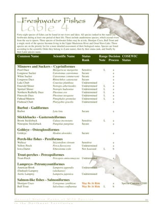 33G e n e r a l S t a t u s R a n k s o f W i l d S p e c i e s
i n t h e N o r t h w e s t T e r r i t o r i e s
Table 4
Freshwater Fishes
Minnows and Suckers - Cypriniformes
Pearl Dace Margariscus margarita Sensitive L a
Longnose Sucker Catostomus catostomus Secure a
White Sucker Catostomus commersoni Secure a
Longnose Dace Rhinichthys cataractae Secure a
Lake Chub Couesius plumbeus Undetermined a
Emerald Shiner Notropis atherinoides Undetermined L a
Spottail Shiner Notropis hudsonius Undetermined L a
Northern Redbelly Dace Phoxinus eos Undetermined L a
Finescale Dace Phoxinus neogaeus Undetermined L a
Fathead Minnow Pimephales promelas Undetermined L a
Flathead Chub Platygobio gracilis Undetermined a
Burbot - Gadiformes
Burbot Lota lota Secure a
Sticklebacks - Gasterosteiformes
Brook Stickleback Culaea inconstans Sensitive L a
Ninespine Stickleback Pungitius pungitius Secure a
Goldeye - Osteoglossiformes
Goldeye Hiodon alosoides Secure a
Perch-like fishes - Perciformes
Walleye Stizostedion vitreum Sensitive a
Yellow Perch Perca flavescens Undetermined a
Iowa Darter Etheostoma exile Not Assessed L b
Trout-perches - Percopsiformes
Trout-Perch Percopsis omiscomaycus Undetermined a
Lampreys- Petromyzontiformes
American Brook Lampetra appendix Undetermined a
(Darktail) Lamprey (alaskanse)
Arctic Lamprey Lampetra japonica Undetermined a
Salmon-like fishes - Salmoniformes
Shortjaw Cisco Coregonus zenithicus May Be At Risk a Special Concern - 2000
Bull Trout Salvelinus confluentus May Be At Risk L b
Common Name Scientific Name Status Range Decision COSEWIC
Rank Note Process Status
Forty-eight species of fishes can be found in our rivers and lakes. All species ranked in this report use
freshwater during at least one period of their life. These include anadromous species, which ascend rivers
from the sea to spawn. Three species of freshwater fishes may be at risk, Shortjaw Cisco, Bull Trout and
a single stock of the species Inconnu living in the Upper Mackenzie River and Great Slave Lake. These
species are on the priority list for a more detailed assessment of their biological status. Species are listed
according to the scientific Order they belong to (Latin name), then by their status rank, and finally by
their Latin species name.
 