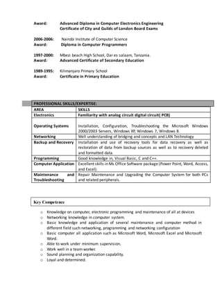 Award: Advanced Diploma in Computer Electronics Engineering
Certificate of City and Guilds of London Board Exams
2006-2006: Nairobi Institute of Computer Science
Award: Diploma in Computer Programmers
1997-2000: Mbezi beach High School, Dar es salaam, Tanzania.
Award: Advanced Certificate of Secondary Education
1989-1995: Kilimanjaro Primary School
Award: Certificate in Primary Education
PROFESSIONAL SKILLS/EXPERTISE:
AREA SKILLS
Electronics Familiarity with analog circuit digital circuit( PCB)
Operating Systems Installation, Configuration, Troubleshooting the Microsoft Windows
2000/2003 Servers, Windows XP, Windows 7, Windows 8.
Networking Well understanding of bridging and concepts and LAN Technology
Backup and Recovery Installation and use of recovery tools for data recovery as well as
restoration of data from backup sources as well as to recovery deleted
and formatted data.
Programming Good knowledge in, Visual Basic, C and C++.
Computer Application Excellent skills in Ms Office Software package (Power Point, Word, Access,
and Excel).
Maintenance and
Troubleshooting
Repair Maintenance and Upgrading the Computer System for both PCs
and related peripherals.
o Knowledge on computer, electronic programming and maintenance of all at devices
o Networking knowledge in computer system.
o Basic knowledge and application of several maintenance and computer method in
different field such networking, programming and networking configuration
o Basic computer all application such as Microsoft Word, Microsoft Excel and Microsoft
Word.
o Able to work under minimum supervision.
o Work well in a team worker.
o Sound planning and organization capability.
o Loyal and determined.
Key Competence
 