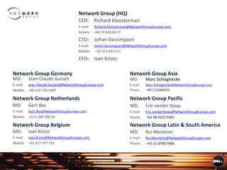 Network Group (HQ)
CEO: Richard Kloosterman
E-mail: Richard.Kloosterman@NetworkGroupEurope.com
Mobile: +40 74 826 08 37
CTO: Johan Vansimpsen
E-mail: Johan.Vansimpsen@NetworkGroupEurope.com
Mobile: +32 473 895 677
CFO: Ivan Kristo
Network Group Germany
MD: Jean-Claude Gutzeit
E-mail: Jean-Claude.Gutzeit@NetworkGroupEurope.com
Mobile: +49 172 726 4387
Network Group Netherlands
MD: Gert Bos
E-mail: Gert.Bos@NetworkGroupEurope.com
Mobile: +31 6 389 300 63
Network Group Pacific
MD: Eric vander Staay
E-mail: Eric.vanderStaay@NetworkGroupEurope.com
Phone: +61 08 9223 9301
Network Group Belgium
MD: Ivan Kristo
E-mail: Ivan.Kristo@NetworkGroupEurope.com
Mobile: +32 477 797 724
Network Group Latin & South America
MD: Rui Monteiro
E-mail: Rui.Monteiro@NetworkGroupEurope.com
Phone: +55 11 8790 5906
Network Group Asia
MD: Marc Schlaghecke
E-mail: Marc.Schlaghecke@NetworkGroupEurope.com
Phone: +85 2 21483423
 