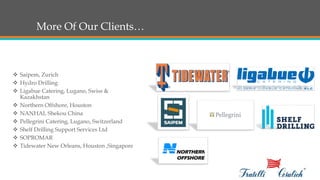 More Of Our Clients…
 Saipem, Zurich
 Hydro Drilling
 Ligabue Catering, Lugano, Swiss &
Kazakhstan
 Northern Offshore, Houston
 NANHAI, Shekou China
 Pellegrini Catering, Lugano, Switzerland
 Shelf Drilling Support Services Ltd
 SOPROMAR
 Tidewater New Orleans, Houston ,Singapore
 
