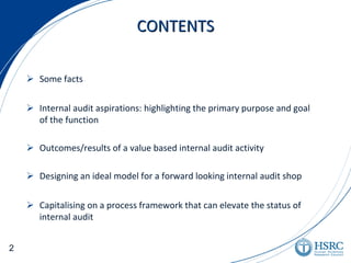  Some facts
 Internal audit aspirations: highlighting the primary purpose and goal
of the function
 Outcomes/results of a value based internal audit activity
 Designing an ideal model for a forward looking internal audit shop
 Capitalising on a process framework that can elevate the status of
internal audit
CONTENTS
2
 