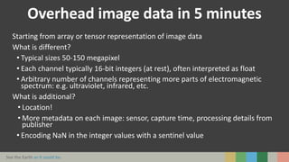 See the Earth as it could be.
Overhead image data in 5 minutes
Starting from array or tensor representation of image data
What is different?
• Typical sizes 50-150 megapixel
• Each channel typically 16-bit integers (at rest), often interpreted as float
• Arbitrary number of channels representing more parts of electromagnetic
spectrum: e.g. ultraviolet, infrared, etc.
What is additional?
• Location!
• More metadata on each image: sensor, capture time, processing details from
publisher
• Encoding NaN in the integer values with a sentinel value
 
