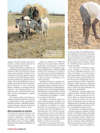 52 MUNDO NEGRO OCTUBRE 2009
antiguo ‘señor de la guerra’ que ha lu-
chado en ambos bandos durante la
guerra civil que duró 22 años.
Sudán Meridional, pendiente de
un referéndum que está previsto que se
celebre en 2011 para decidir si quiere
seguir perteneciendo a Sudán o si se
convierte en el 54 país africano, todavía
no cuenta con una ley de tierra. Una si-
tuación sensible que a algunos les be-
neﬁcia. De hecho, Heilberg cree que la
posible descomposición de varios Es-
tados africanos –y cita a Somalia,
Etiopía y Nigeria– es una baza para los
negocios. “Los riesgos políticos y le-
gales que estoy asumiendo ahora ten-
drán un día su recompensa”, asegura
sin ambages.
En el nuevo asalto a las tierras su-
danesas también están Corea del Sur
y Arabia Saudí, con la concesión de
690.000 hectáreas y 400.000 hectáreas,
respectivamente, además de Kuwait,
Emiratos Árabes Unidos y Siria.
Otros proyectos en marcha
Al menos en 23 países africanos hay
en marcha acuerdos de compra, con-
cesiones, alquileres o permisos de
explotación de tierras. En la Repú-
blica Democrática de Congo (RDC),
China tiene concedidas 2,8 millones de
hectáreas.
Según un informe de la ONG de
defensa de los agricultores GRAIN,
publicado el año pasado, en Point
Noire (República de Congo) la cana-
diense MagIndustries adquirió 68.000
hectáreas de eucaliptos y construye
una planta para producir 500.000 to-
neladas anuales de astillas de made-
ra para convertir en biomasa y en-
viarlo a Europa.
También en Congo, la española Au-
rantia invierte en aceite de palma. La
compañía ya tiene experiencia en la in-
dustria del biodiesel en Mozambique,
Senegal y Guinea. En Senegal, Nigeria,
Mozambique y Angola, Brasil cuenta
con acuerdos de importación de etanol
y transferencia tecnológica a través
de su empresa Petrobás.
En Nigeria, la empresa china Vis-
count Energy negocia acuerdos con
el Gobierno del Estado de Ebonyi pa-
ra establecer una fábrica de etanol,
derivado de la mandioca y la caña
de azúcar. En Costa de Marﬁl, la es-
tadounidense 21st Century Energy,
tiene pensado invertir 130 millones
de dólares para la producción de eta-
nol de caña de azúcar, maíz y sorgo
dulce, y biodiésel de semillas de al-
godón y residuos de anacardo.
En Kenia, la empresa suiza Bioe-
nergía International planea una plan-
tación de jatrofa de 93.000 hectáreas,
una reﬁnería de biodiesel y una plan-
ta de electriﬁcación. En Tanzania, la
empresa británica Sun Biofuels, del
Reino Unido, se asoció con el Centro
de Inversiones de Tanzania y adqui-
rió 18.000 hectáreas agrícolas para
producir jatrofa.
Por otro lado, el Gobierno tanza-
no ha recibido a un inversor suizo
que busca 400.000 hectáreas en la
cuenca de Wami, uno de los princi-
pales humedales del país, para plan-
tar caña de azúcar para producir eta-
nol. El proyecto desplazará a los pe-
queños arroceros locales. También la
británica CAMs Group ha adquirido
45.000 hectáreas de tierra en Tanzania
para el cultivo de sorgo destinado a la
producción de biodiesel.
En Mauricio, el grupo belga Alco
compró en 2001 Alcohols NCP de Su-
dáfrica, el mayor productor de eta-
nol en África, y está produciendo eta-
nol a partir de melaza de caña de
azúcar. En Burkina Faso, la francesa
Dagris invierte en biodiesel de aceite de
semillas de algodón, a través de Sn Ci-
tec, su fabricante local de aceite.
En Camerún, las belgas Socapalm
y Socﬁnal planean expandir su plan-
tación de 30.000 hectáreas de palma
aceitera. En Liberia, Equatorial Bio-
fuels, del Reino Unido, adquirió Li-
berian Forest Products, que tiene acuer-
dos de usufructo sobre 700.000 hec-
táreas para cultivar palma aceitera.
En Zambia, Ghana, Sudáfrica y
Pequeños agricultores
en Lai (Chad). Al lado,
un hombre siembra mijo en
Barsalogho (Burkina Faso).
 