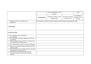to access the folder or own
computer.
given.
Workmanship
Displayed confidence while
doing the task.
Sometimes hesitated
in doing the task.
Unconfident in
doing the task at
all times.
J. Additional activities for application or
remediation
Peer teaching will be given to those students who are hesitant in performing the tasks.
V. REMARKS
VI. REFLECTION
A. No. of learners who earned 80% in
the evaluation
B. No. of learners who require additional activities for
remediation.
C. Did the remedial lessons work? No. of learners who
have caught up the with the lesson.
D. No. of learners who continue to require remediation.
E. Which of my teaching strategies worked well? Why
did these work?
F. What difficulties did I encounter which my principal
or supervisor can help me solve?
G. What innovation or localized materials did I
use/discover which I wish to share with other
teachers?
 