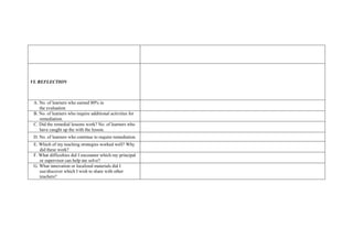 VI. REFLECTION
A. No. of learners who earned 80% in
the evaluation
B. No. of learners who require additional activities for
remediation.
C. Did the remedial lessons work? No. of learners who
have caught up the with the lesson.
D. No. of learners who continue to require remediation.
E. Which of my teaching strategies worked well? Why
did these work?
F. What difficulties did I encounter which my principal
or supervisor can help me solve?
G. What innovation or localized materials did I
use/discover which I wish to share with other
teachers?
 