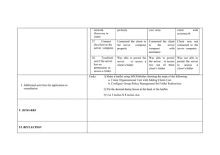 network
discovery in
client
perfectly vice versa client with
assistance8.
17. Connect
the client to the
server computer
Connected the client to
the server computer
properly
Connected the client
to the server
computer with
assistance
Client was not
connected to the
server computer
18. Troublesh
oot if the server
has no
permission to
access a folder
Was able to permit the
server to access a
client’s folder
Was able to permit
the server to access
two out of three
client’s folder
Was not able to
permit the server
to access a
client’s folder
J. Additional activities for application or
remediation
Tasks: 1) Make a leaflet using MS Publisher showing the steps of the following:
a. Create Organizational Unit with Adding Client-User
b. Configure Group Policy Management for Folder Redirection
2) Put the desired dialog boxes at the back of the leaflet.
3) Use 3 inches X 8 inches size.
V. REMARKS
VI. REFLECTION
 