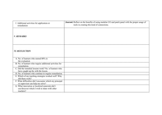 J. Additional activities for application or
remediation
Journal. Reflect on the benefits of using modular I/O and patch panel with the proper usage of
tools in creating this kind of connections.
V. REMARKS
VI. REFLECTION
A. No. of learners who earned 80% in
the evaluation
B. No. of learners who require additional activities for
remediation.
C. Did the remedial lessons work? No. of learners who
have caught up the with the lesson.
D. No. of learners who continue to require remediation.
E. Which of my teaching strategies worked well? Why
did these work?
F. What difficulties did I encounter which my principal
or supervisor can help me solve?
G. What innovation or localized materials did I
use/discover which I wish to share with other
teachers?
 
