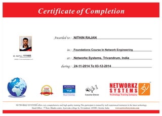 ID: NSTVJ 111485
NITHIN RAJAN
24-11-2014 To 03-12-2014
Foundations Course In Network Engineering
Networkz Systems, Trivandrum, IndiaValidate @ www.neworkzsystems.com
 