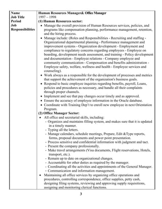 3
Name
Job Title
Period
Job
Responsibilities
Human Resources Manager& OfficeManager
1997 – 1998
(1) Human Resources sector...