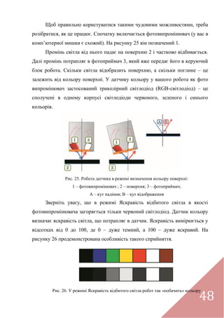 48
Щоб правильно користуватися такими чудовими можливостями, треба
розібратися, як це працює. Спочатку включається фотовипромінювач (у вас в
комп’ютерної мишки є схожий). На рисунку 25 він позначений 1.
Промінь світла від нього падає на поверхню 2 і частково відбивається.
Далі промінь потрапляє в фотоприймач 3, який вже передає його в керуючий
блок робота. Скільки світла відобразить поверхню, а скільки поглине – це
залежить від кольору поверхні. У датчику кольору у вашого робота як фото
випромінювач застосований триколірний світлодіод (RGB-світлодіод) – це
сполучені в одному корпусі світлодіоди червоного, зеленого і синього
кольорів.
Рис. 25. Робота датчика в режимі визначення кольору поверхні:
1 – фотовипромінювач ; 2 – поверхня; 3 – фотоприймач;
A – кут падіння; В – кут відображення
Зверніть увагу, що в режимі Яскравість відбитого світла в якості
фотовипромінювача загоряється тільки червоний світлодіод. Датчик кольору
визначає яскравість світла, що потрапляє в датчик. Яскравість вимірюється у
відсотках від 0 до 100, де 0 – дуже темний, а 100 – дуже яскравий. На
рисунку 26 продемонстрована особливість такого сприйняття.
Рис. 26. У режимі Яскравість відбитого світла робот так «побачить» кольору
 