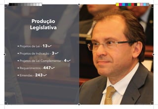 6
Produção
Legislativa
• Projetos de Lei – 13
• Projetos de Indicação – 3
• Projetos de Lei Complementar – 4
• Requerimentos – 447
• Emendas – 243
Dep.Carlos.Matos.indd 6 16/06/2017 16:32:10
 